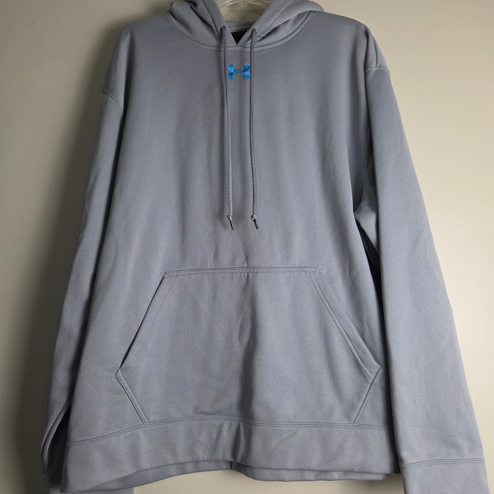 Under Armour Mens XL Loose Gray Fleece Pullover Hoodie Blue Logo Sportswear